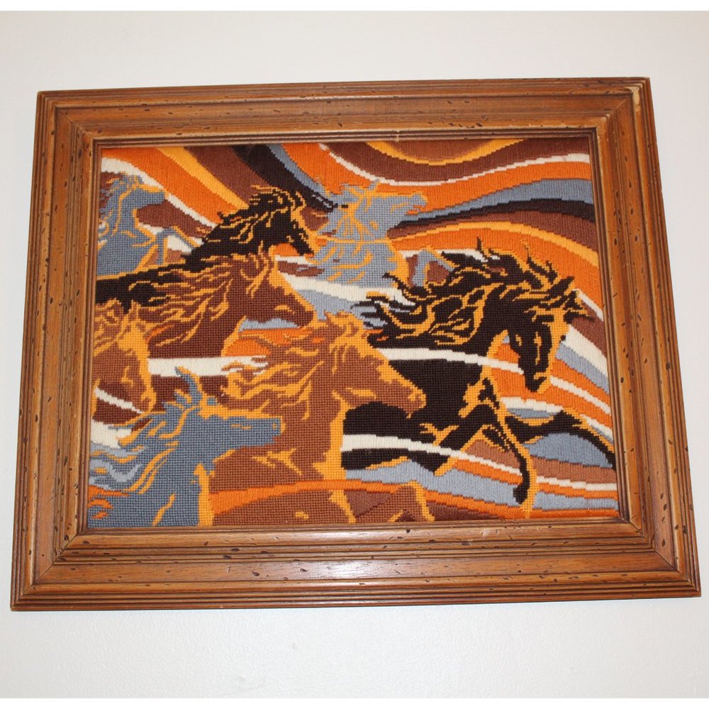 Vintage 70s 80s Horses Framed Needlepoint